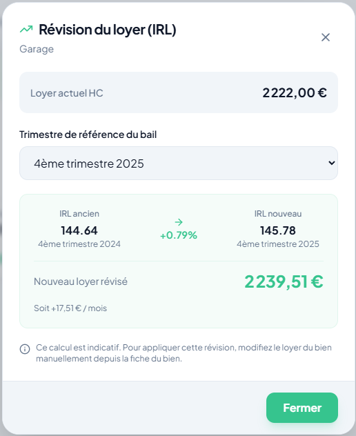 Modal de calcul de la révision de loyer IRL dans Quitio